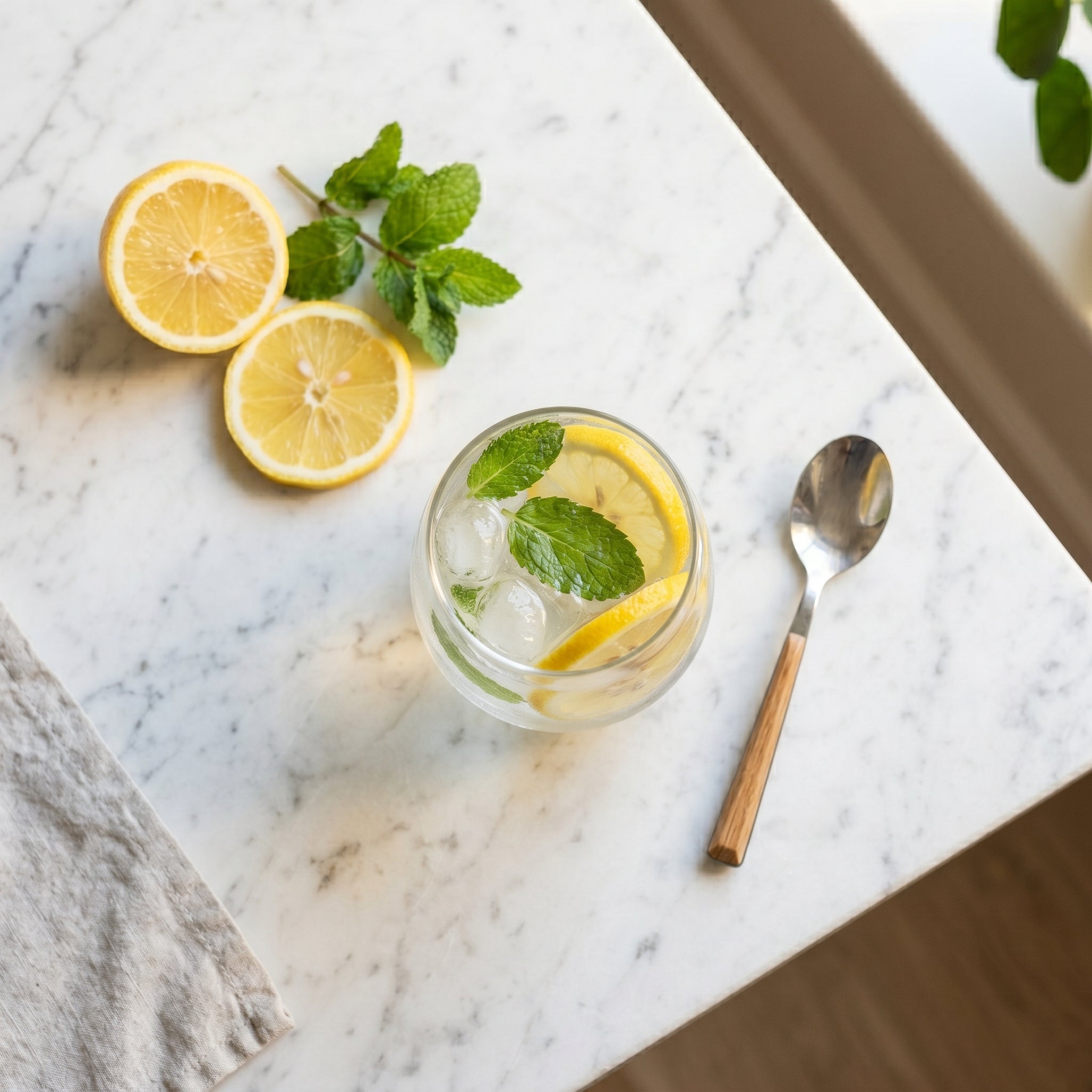 Vaso de agua con limón, hielo y menta fresca sobre superficie de mármol blanco