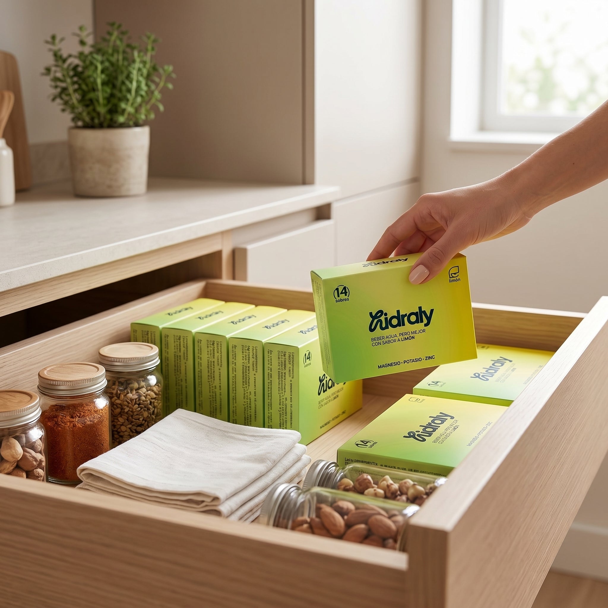Mano sacando un pack de hidraly 14 sombres limón de un cajón de cocina con varios packs de hidraly limón