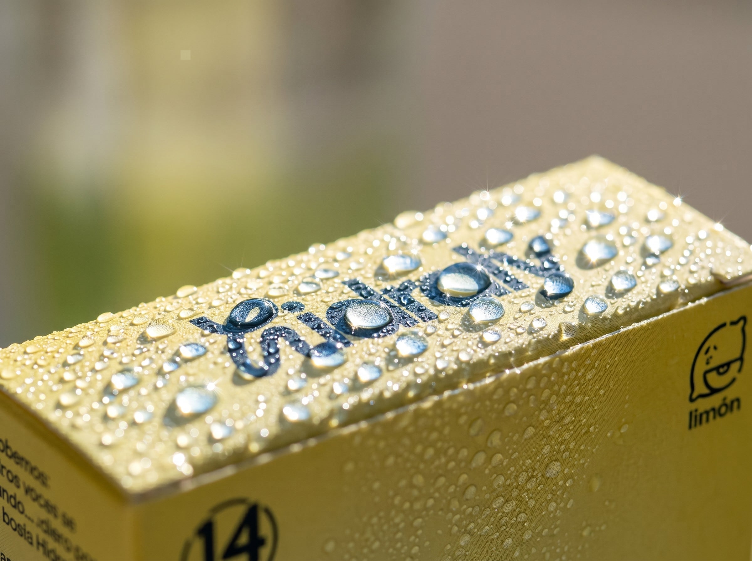 Foto macro de un pack de hidraly con gotas de agua condensada encima