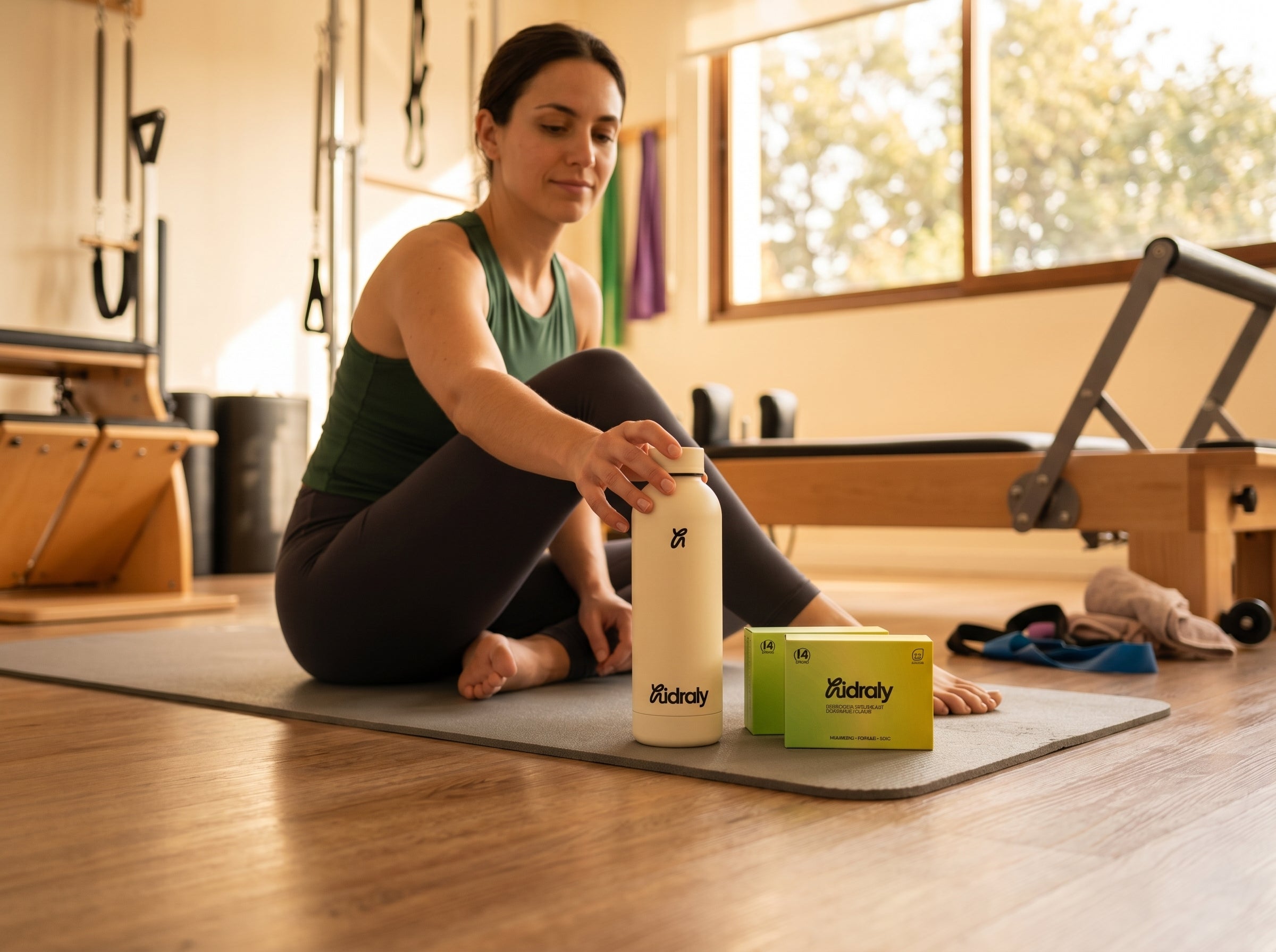 Mujer en estudio de pilates junto a botella color crema de hidraly y dos packs de 14 sobres de hidraly limón