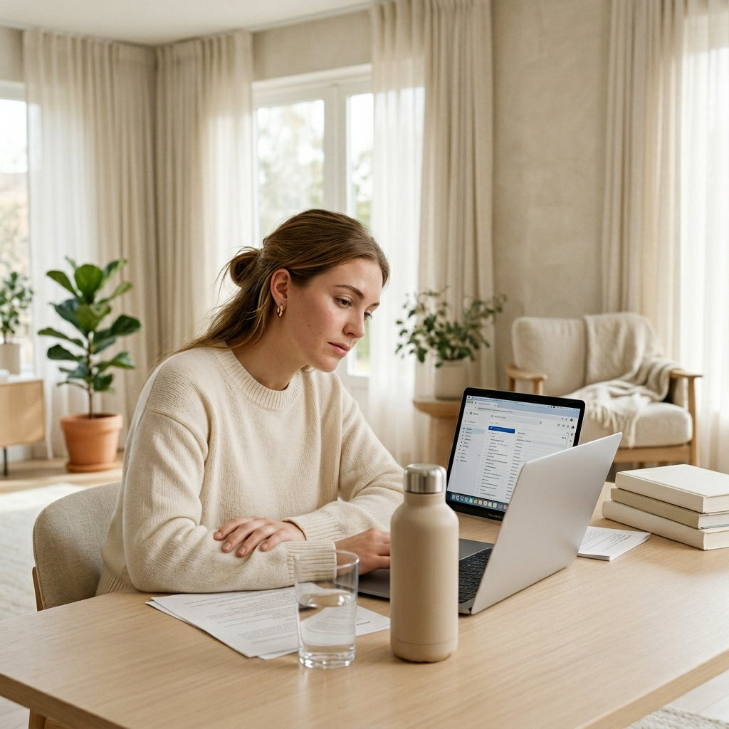 Mujer joven trabajando en su escritorio desde casa