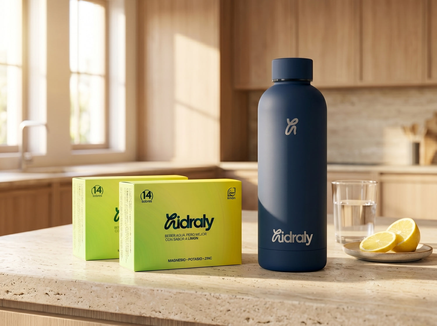Pack de inicio de hidratación diaria Hidraly con dos packs de 14 sobres cada uno y botella azul en una encimera de cocina