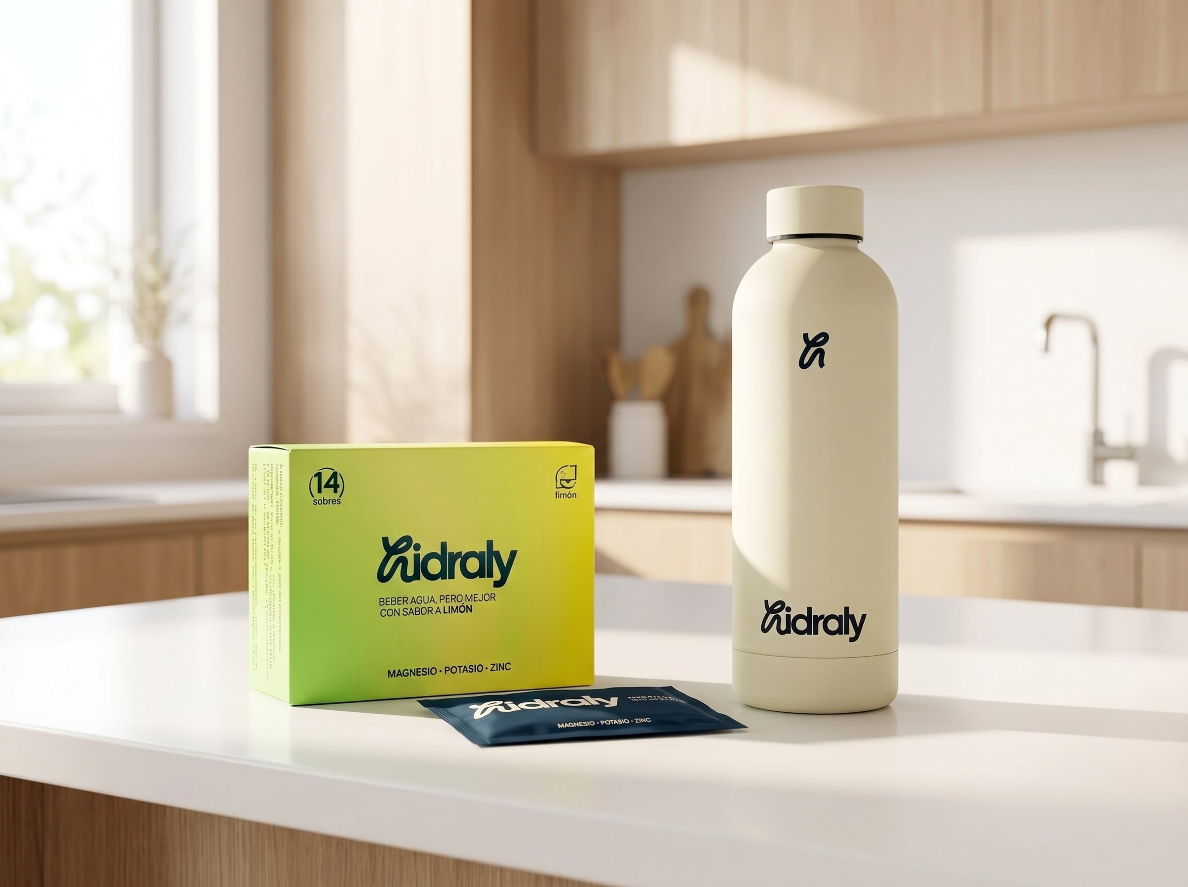 Encimera de cocina con productos Hidraly listos para preparar