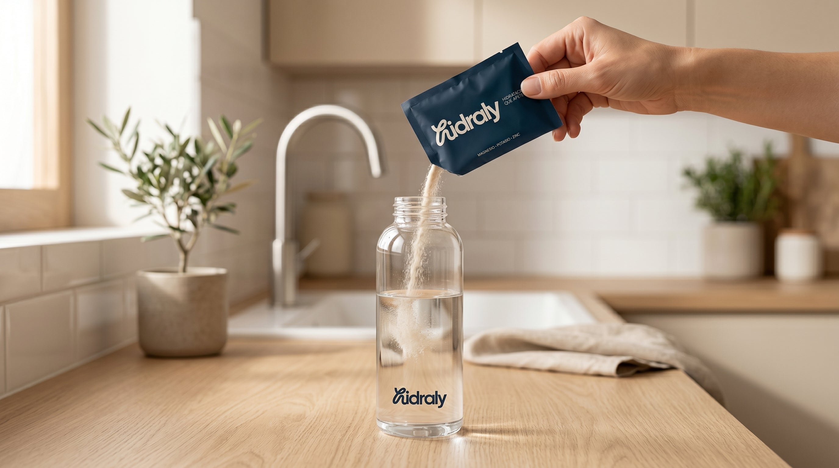 Mano sirviendo sobre de hidraly en una botella de cristal de hidraly en una cocina