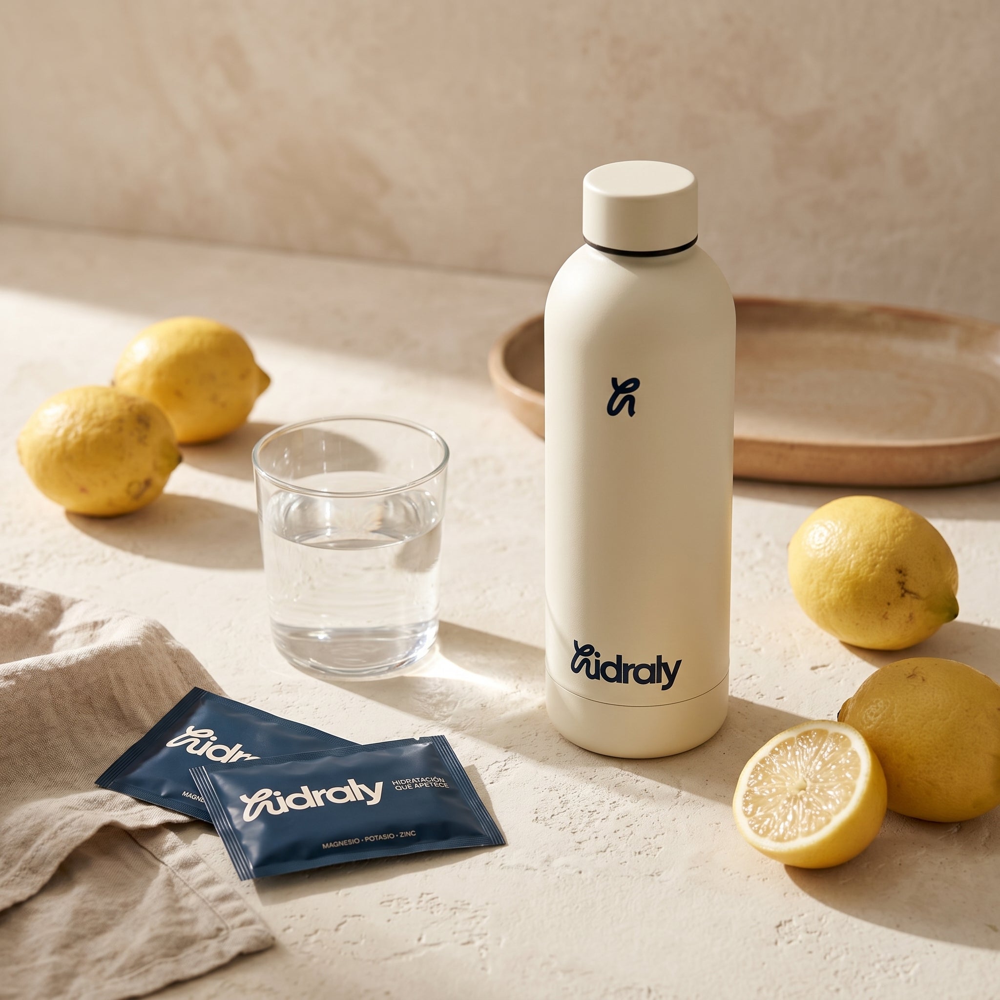 Botella Hidraly junto a sticks de electrolitos sabor limón, vaso de agua y limones frescos.
