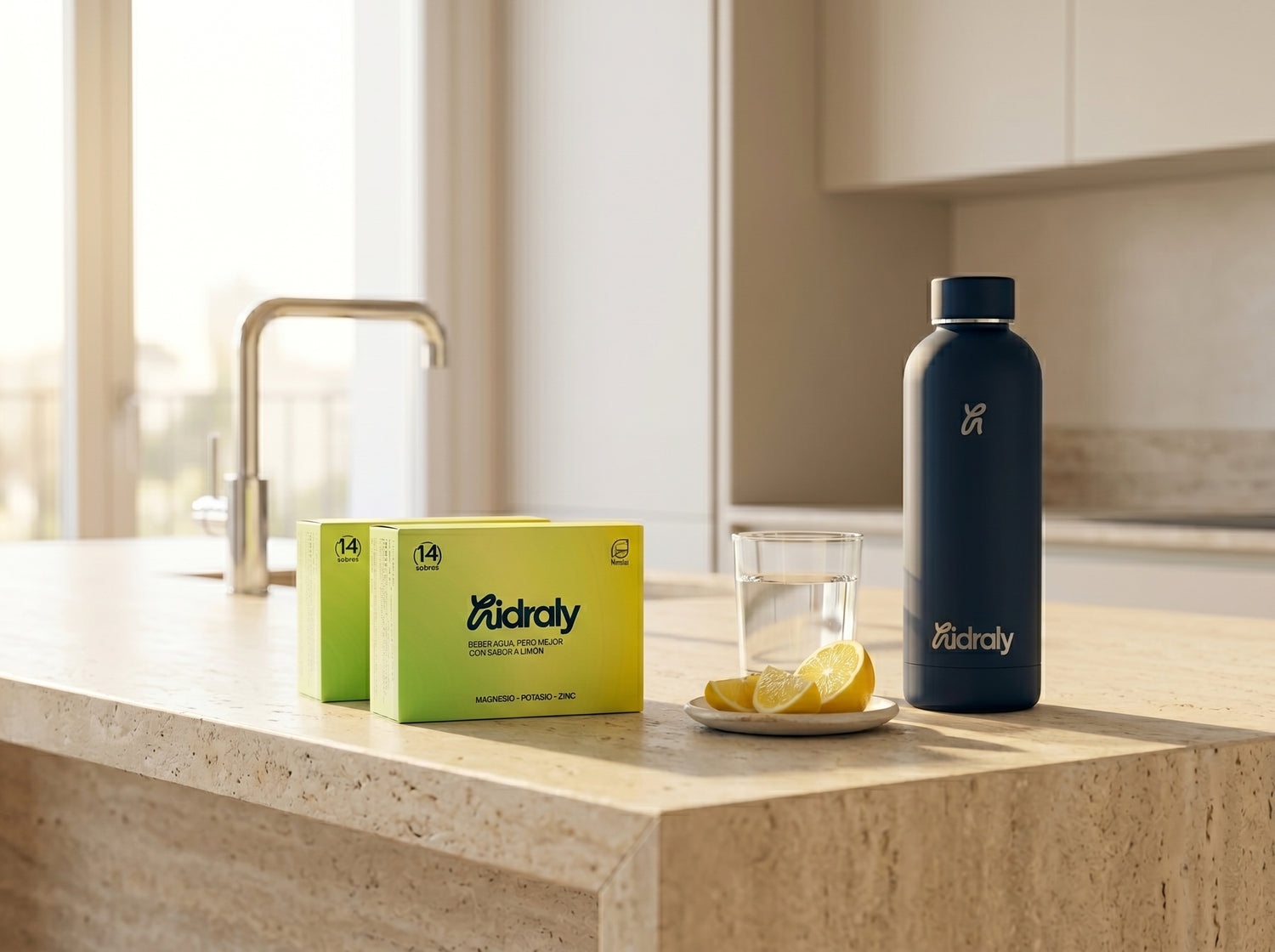 Botella azul de hidraly y dos packs de hidraly de 14 sobres limón en una encimera de una cocina 